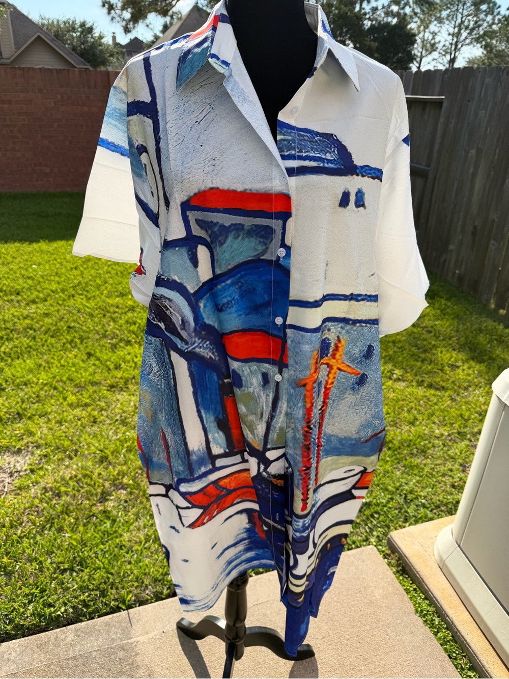 Cyard Abstract Blue & White Button-Up Knee Length Shirt Dress with Red Accents